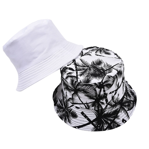 Cappello Alla Pescatora Reversibile Cotone Protezione Solare Spiaggia Esterno Stampa Palme Tropicali Accessorio Unisex