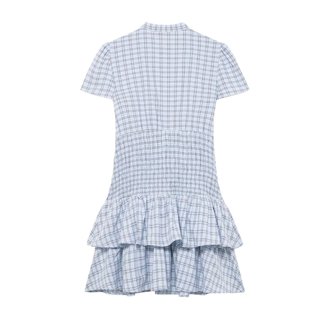 Vestito Mini A Quadri Manica Corta Vita Arricciata Orlo Con Volant Collo Alla Coreana Blu Bianco