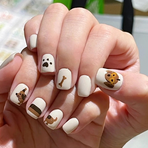 Press On Nails Cartoon Dog Pattern Short Square Full Cover Artificial Nails Cute Sweet Style DIY Manicure For Women