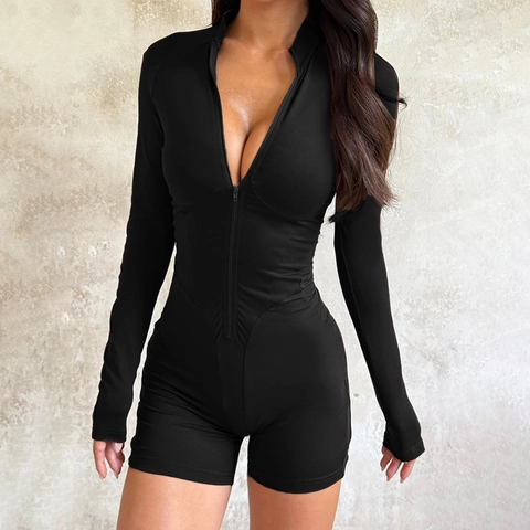 Women Sexy Backless Bodycon Romper Long Sleeve Hollow Out Zipper Slim Jumpsuit Polyester Spandex High Waist One Piece