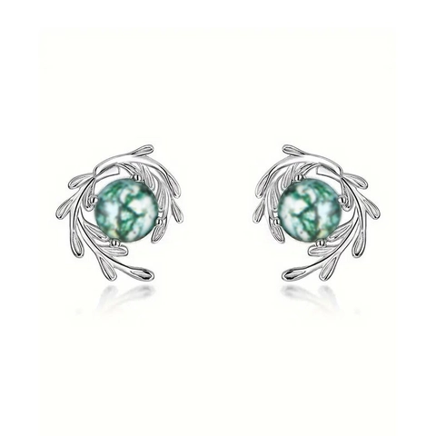 Moss Agate Style Green Round Stone Stud Earrings Copper White Gold Plated Branch Leaf Vine Natural Design For Women
