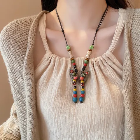 Collier Pendentif Papillon Perles Céramique Colorées Alliage Rétro Style Bohème Ethnique Fait Main Pour Femmes