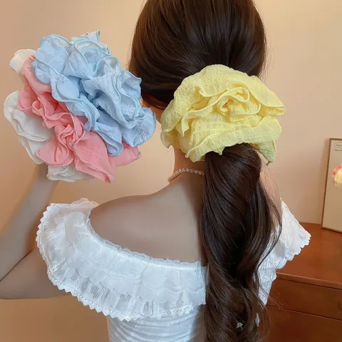 Scrunchies Giganti Chiffon Organza Pieghettato Elastico Per Capelli Bordo Con Volant Anello Capelli Versatile Donne