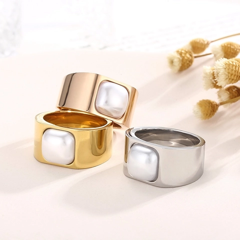 Anello a Banda Larga in Stile Francese in Acciaio Inossidabile Con Intarsio in Conchiglia Quadrata Anello Geometrico Minimalista da Donna