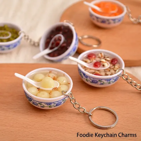 Miniatur Simulation Essen Schlüsselanhänger Blau Weiß Porzellan Schüssel Design PVC Harz Chinesische Küche Tasche Anhänger Geschenk