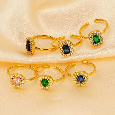 Verstelbare Open Ring 18K Verguld Roestvrij Staal Hart Rechthoek Zirkoon Strass Luxe Sieraden Dames