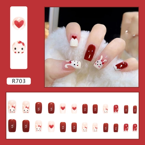 Unghie Finte A Pressione Con Motivo Coniglio E Cuore Rosso Bianco Stile Dolce Lucide Quadrate Arrotondate Per Donne