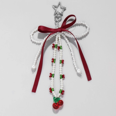 Portachiavi Con Fiocco Di Ciliegia Künstliche Perle Sintetiche E Nastro Bordeaux Ciondolo Per Borsa Stella Coniglio Stile Coreano