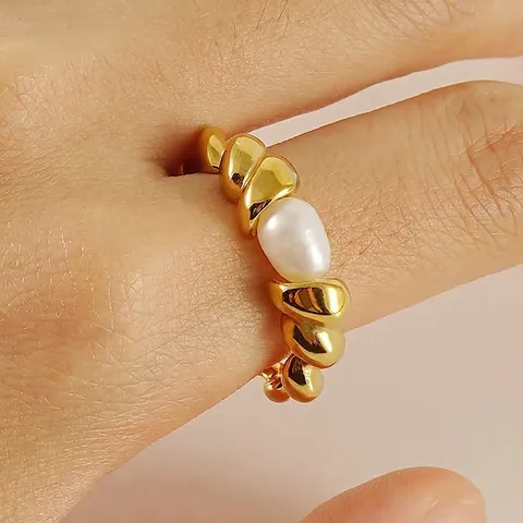 Fashion Twisted Rope Stainless Steel Ring For Women 18K Gold Plated Natural White Artificial Pearl Vintage Finger Jewelry