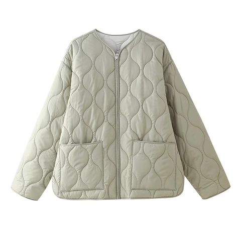 Chaqueta Acolchada Mujer Cuello Redondo Acolchado Ondas Cremallera Abrigo Ligero Ajuste Holgado Ropa Casual Bolsillos