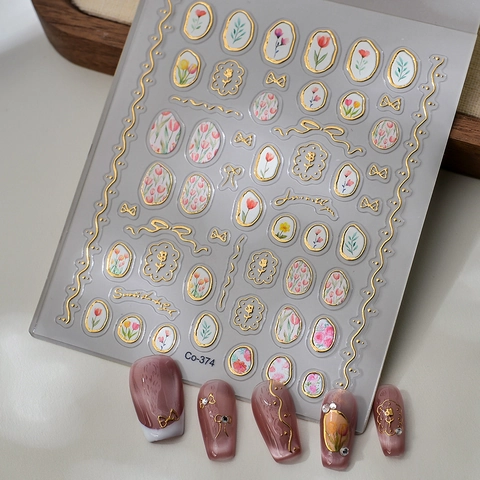 Autocollants À Ongles Embossés 5D Tulipe Florale Marquage À Chaud Style Français Décalcomanies Relief 3D Pour Manucure