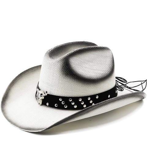Ρετρό Δυτικό Καπέλο Cowboy Ψάθινο Αναπνεύσιμο Με Φαρδύ Γείσο Διαβάθμιση Χρώματος Με Ζώνη Με Πριτσίνια Και Μεταλλικό Διακοσμητικό Κρανίο Ταύρου