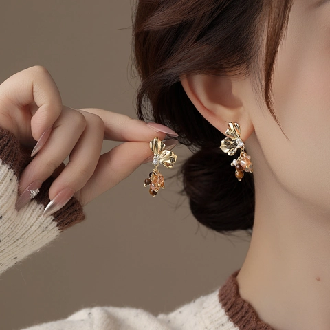 Orecchini Pendenti Vintage A Fiore Con Perno In Argento Occhio Di Tigre Zircone Perla Artificial Accessori Retro Boho