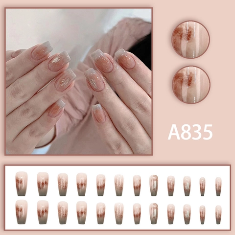 Long Coffin Press On Nails Gradient Gray Brown Marble Pattern Gold Foil Luxury French Style Glossy Fake Nails For Women