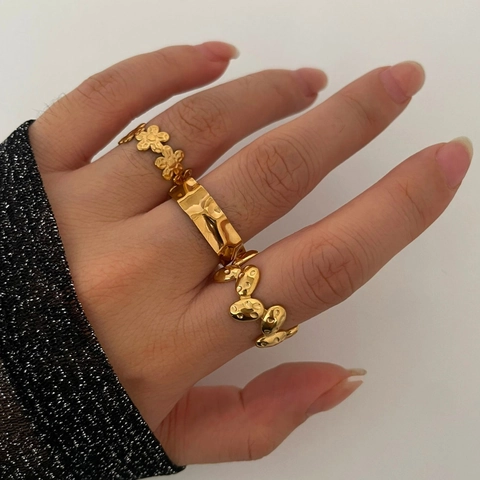 Flower Geometric Irregular Hammered Adjustable Open Rings For Women 316L Stainless Steel 18K Gold Plated Minimalist
