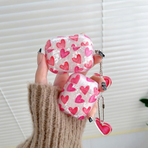 Funda para Auriculares Inalámbricos con Patrón de Corazón y Textura de Concha de Perla con Colgante de Corazón IMD Cubierta Protectora de TPU Suave
