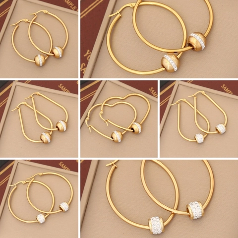 Stainless Steel Hoop Earrings With Full Rhinestone Sliding Bead Heart Teardrop Round Shape Elegant Jewelry For Women