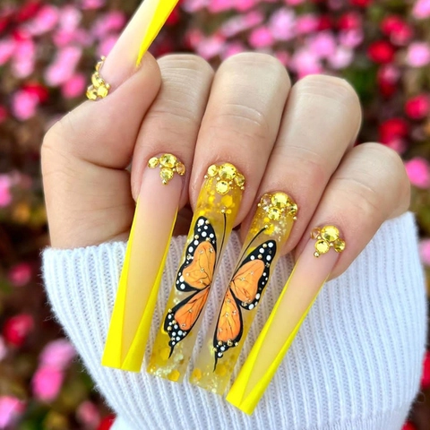 Lange Ballerina Kunstnägel Zum Aufkleben Gelber Farbverlauf Schmetterling Design Glänzend Künstliche Nägel
