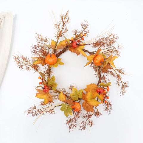 Guirlande De Couronne De Feuilles D Erable D Automne Avec Citrouilles En Mousse Baies Halloween Décoration Pour Porte Murale