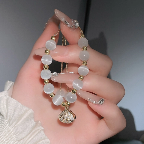 Pulsera De Cuentas De Piedra Ojo De Gato Con Colgante De Concha Incrustado De Circonita Cadena Ajustable Para Mujer