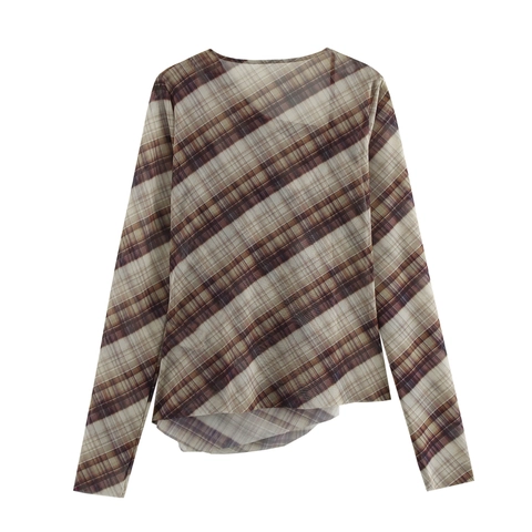 Damen Karo Netzoberteil Langarm Geraffte Asymmetrische Schräge Hals Retro Vintage Stil