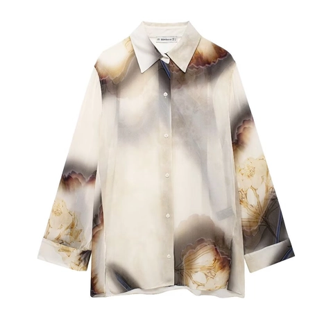 Dames Blouse Met Lange Mouwen Satijn Chiffon Shirt Abstracte Inkt Bloemenprint Knoop Sluiting Revers Losse Urban Tops