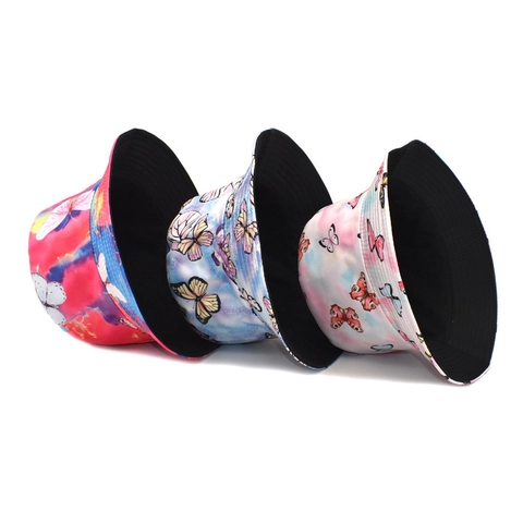 Tie-Dye Butterfly Print Bucket Hat Cotton Polyester Sun Protection Reversible Summer Outdoor Breathable Sun Cap For Women Men