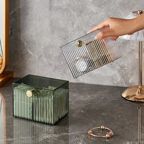 Scatola Per Cosmetici In PET A Righe Di Lusso Con Coperchio E Manico Dorato Per Bastoncini Di Cotone Rossetto Organizzatore Da Scrivania