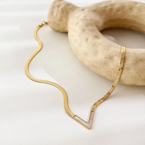 Minimalist V Shape Pendant Necklace Stainless Steel Flat Snake Chain For Women Light Luxury Versatile Jewelry Accessory