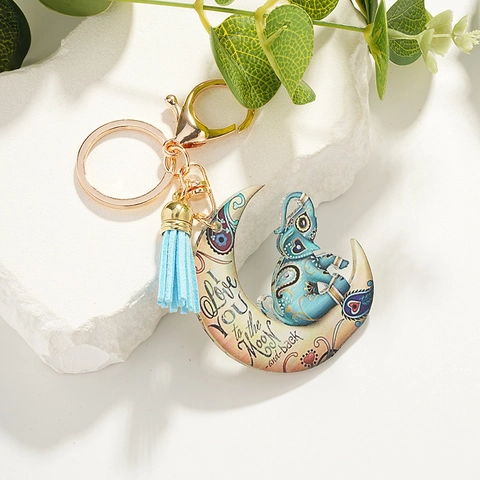 Llavero Bohemio de Acrílico de Luna y Elefante Con Borla Lindo Estampado Étnico Regalo Para Amante de Elefantes Joyería de Bolso