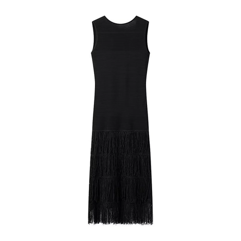 Knitted Maxi Dress Sleeveless Backless Fringe Tassel Hem Ribbed Elegant Sexy Club Party Long Sweater Gown For Women