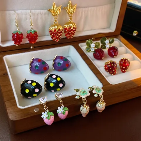 Erdbeer Emaille Legierung Ohrhänger Mit Silbernem Ohrstecker Süße Blume Strass Frucht Schmuck Für Frauen Mädchen