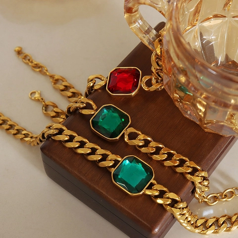 Gewaagde Cubaanse Schakel Sieraden Titaniumstaal 18k Verguld Grote Vierkante Kristallen Ketting En Armband