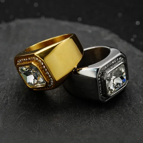 Anillo Da Uomo In Acciaio Inossidabile Con Pietra Di Zircone Rettangolare E Strass Gioielli Retro Di Lusso Hip-Hop