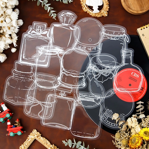 Pegatinas De Scrapbooking PET Transparentes Vintage Tinta Blanca Patrón Botella Mariposa DIY Diario Calcomanías Decorativas
