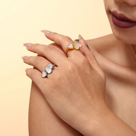 Anello Aperto in Acciaio Inossidabile da Donna Minimalista Doppio Cuore con Intarsio in Madreperla Anello Regolabile Gioielli Romantici Regalo