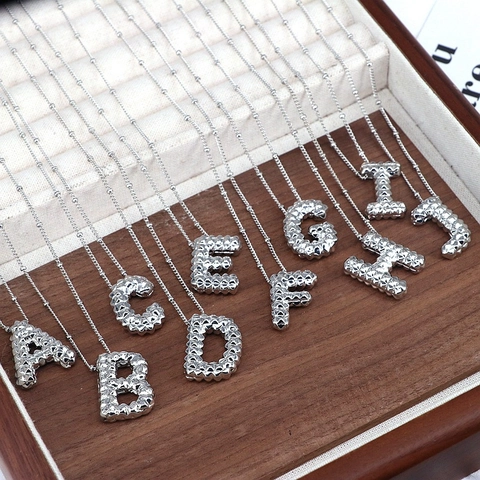 Hip Hop Copper Initial Letter Pendant Necklace Electroplated Silver Bubble Alphabet Personality Bead Chain Jewelry For Unisex Daily Wear