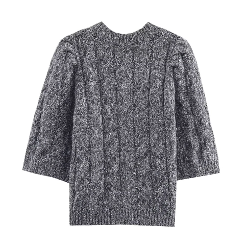 Cardigan In Maglia Donna Grigio Melange Maniche A Sbuffo Bottoni Maniche Corte Retrò Francese Morbido