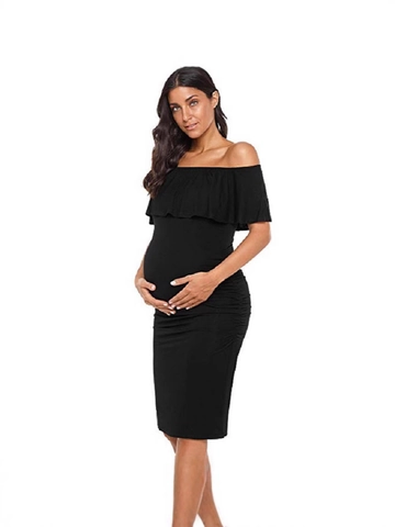Umstandskleid Off Shoulder Rüschen Geraffte Seite Eng Anliegend Einfarbig Polyester Elasthan Elegant Schwangerschaft Kleid