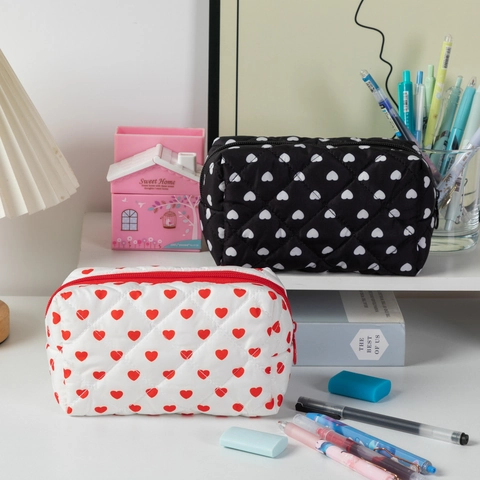 Neceser Acolchado Estampado Corazones Tela Cremallera Organizador Cosméticos Viaje Bolsa Mujer