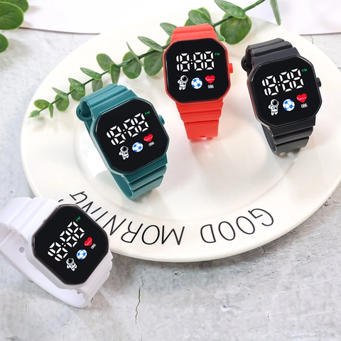 Reloj Digital LED Cara Cuadrada Patrón Astronauta Correa De Silicona Moda Deporte Para Estudiantes Niños