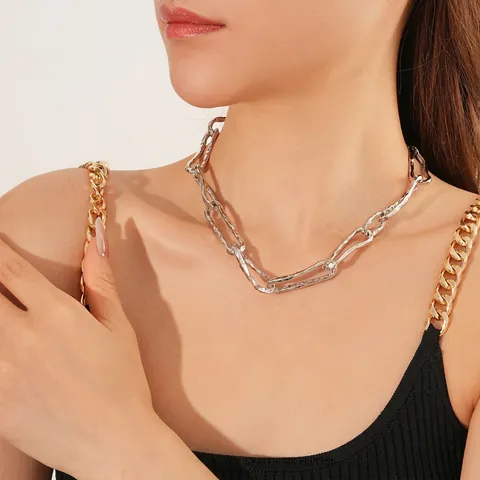 Collar De Cadena Gruesa Textura Martillada Eslabón Irregular Aleación Metal Gargantilla Joyería Minimalista Para Mujeres