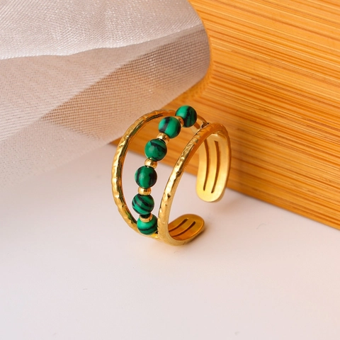 Retro Egyptian Hammered Stainless Steel Adjustable Open Ring For Women With Gold Plated Metal And Natural Stone Beads