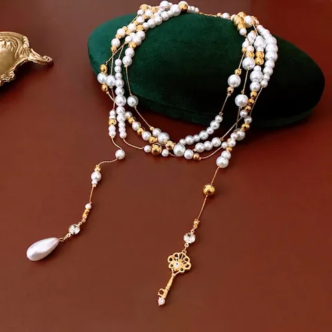 Vintage Layered Artificial Pearl Necklace Long Sweater Chain For Women Alloy With Rhinestone Key Pendant And Teardrop Artificial Pearl Drop