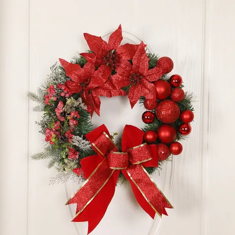 Christmas Wreath With Red Balls Berries Poinsettia Flowers LED Lights Artificial Pine Needle Front Door Hanging Decoration