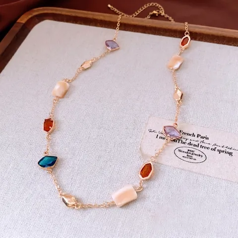 Joyas Vintage Francés Mujeres Cristal Colorido Concha Cobre Chapado En Oro Collar Y Pulsera Geométrico Ajustable