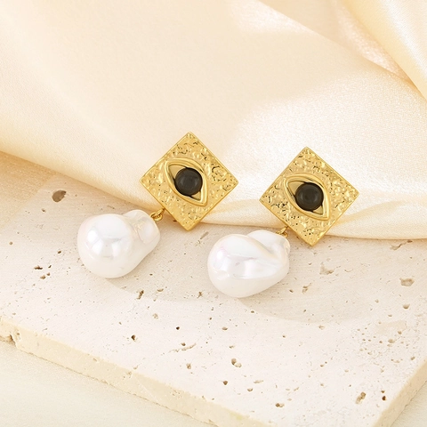 Pendientes Colgantes Retro De Acero Inoxidable Ojo Turco Con Perla Barroca Artificial Joyería Elegante Para Mujer