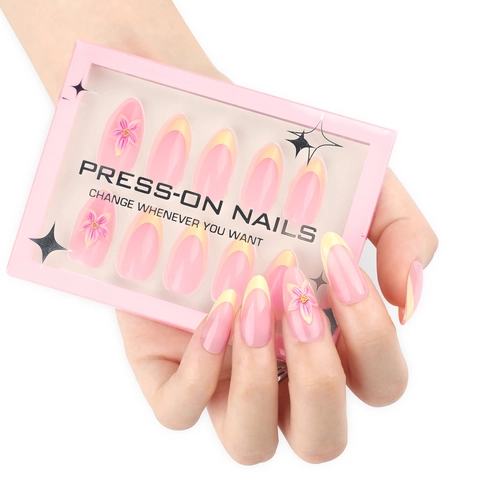 Press On Nagels 3D Bloem Frans Geel Amandelvorm Valse Nagels Roze Zoete Stijl Manicure Voor Vrouwen
