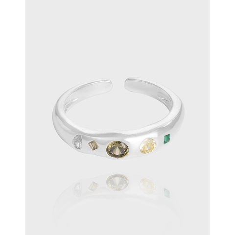 Anello Aperto Geometrico in Argento Sterling 925 Per Donna Stile Coreano INS Zirconia Colorata Intarsiata Regolabile Gioielli