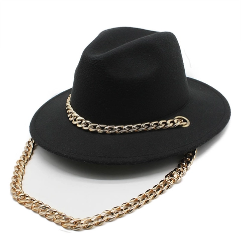 Chapeau Fedora À Large Bord Mélange Laine Polyester Avec Grosse Chaîne Dorée Chapeau Jazz Élégant Pour Femmes Hommes Noir